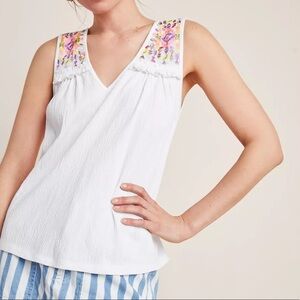 Anthropologie Ranna Gill Yori Floral Embroidered V-Neck Tie Back Gauzy Tank S